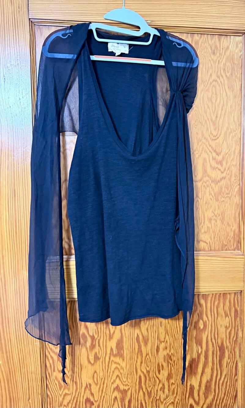 Elizabeth and James Women’s Black Sheer Knit V-Neck Tie Kimono Sleeve Blouse M
